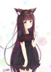  1girl alternate_costume animal_ears azur_lane bangs black_dress black_hair blunt_bangs blush bow bowtie casual collarbone commentary_request contemporary dress eyebrows_visible_through_hair fox_ears fox_girl long_hair looking_at_viewer m_ko_(maxft2) mouth_hold nagato_(azur_lane) short_sleeves sidelocks simple_background solo yellow_eyes 
