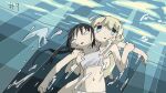  2girls ahoge black_hair blonde_hair blue_eyes breasts carrying chito_(shoujo_shuumatsu_ryokou) empty_eyes episode_number highres long_hair multiple_girls shoujo_shuumatsu_ryokou swimsuit tsukumizu_yuu underwater yuuri_(shoujo_shuumatsu_ryokou) 