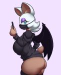 anthro bat bat_wings big_breasts big_butt blue_eyes bottomless breasts brown_body brown_fur butt clothed clothing electronics eyelashes eyeshadow face_mask female fur grey_clothing grey_legwear grey_thigh_highs grey_topwear hi_res holding_object holding_phone legwear looking_at_viewer makeup mammal membrane_(anatomy) membranous_wings phone purple_background purple_eyeshadow rouge_the_bat satsuki_supreme sega side_view simple_background solo sonic_the_hedgehog_(series) thick_thighs thigh_highs topwear white_body white_fur wide_hips wings