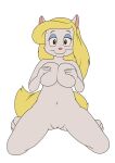 2024 absurd_res alpha_channel animaniacs anthro big_breasts biped black_eyes blonde_hair breast_squish breasts closed_smile covering covering_breasts covering_own_breasts covering_self eyebrows female fluffy fluffy_tail front_view genitals hair half-closed_eyes hi_res kneeling long_hair looking_at_viewer mammal minerva_mink mink minum mouth_closed mustelid musteline narrowed_eyes navel nude pink_nose pussy smile solo squish tail true_musteline warner_brothers white_body