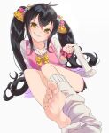  1girl black_hair blush bow bowtie breasts collarbone feet hair_between_eyes hair_bow hair_ornament hair_ribbon hand_up holding_sock idolmaster idolmaster_cinderella_girls idolmaster_cinderella_girls_starlight_stage kawaty knees_up long_hair long_sleeves looking_at_viewer matoba_risa open_mouth pink_ribbon pink_scrunchie pink_sweater_vest print_bow print_bowtie print_ribbon ribbon scrunchie shirt simple_background single_sock_removed sitting skirt small_breasts smile soles solo star_(symbol) star_hair_ornament sweater_vest toes twintails white_background white_shirt wrist_scrunchie yellow_bow yellow_bowtie yellow_eyes yellow_ribbon 
