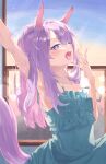  1girl absurdres animal_ears arm_up armpits blurry blurry_background breasts cleavage collarbone hair_between_eyes highres horse_ears horse_girl looking_at_viewer mejiro_mcqueen_(umamusume) open_mouth purple_eyes purple_hair sky small_breasts solo tonyu_1tls umamusume window 