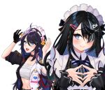  2girls :d bandages bangs black_dress black_gloves black_hair blue_eyes blue_hair blush chest_sarashi colored_inner_hair commentary_request dress eyebrows_visible_through_hair gloves hair_between_eyes hair_ornament hair_over_one_eye hairclip hands_up highres indie_virtual_youtuber jacket kapibara_ani kson long_hair maid_headdress midriff multicolored_clothes multicolored_hair multicolored_jacket multiple_girls navel open_clothes open_jacket open_mouth own_hands_together sarashi simple_background single_glove smile steepled_fingers stomach strapless tube_top two-tone_jacket upper_body very_long_hair white_background yashiki_ciel 