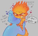 &lt;3 bared_teeth blue_body blueespresso blush bodily_fluids breasts dialogue duo elemental_(pixar) elemental_creature elemental_humanoid ember_lumen female fire fire_creature fire_humanoid hands_on_shoulders hi_res humanoid licking looking_at_another looking_at_partner male male/female neck_lick nipples nude orange_body speech_bubble sweat sweatdrop teasing tongue tongue_out touching_shoulder wade_ripple water water_creature water_humanoid