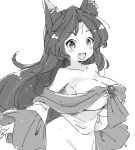  1girl animal_ears bare_shoulders blush breasts cleavage collarbone commentary_request dress fang greyscale imaizumi_kagerou large_breasts long_hair looking_at_viewer monochrome off-shoulder_dress off_shoulder open_mouth simple_background solo tanasuke touhou wolf_ears wolf_girl 
