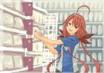  1girl absurdres ahoge alternate_costume asymmetrical_bangs blue_eyes blue_shirt employee_uniform hair_flaps hair_ribbon highres indoors kantai_collection kawakaze_(kancolle) kawakaze_kai_ni_(kancolle) lawson long_hair low_twintails pot-de red_hair ribbon shelf shirt solo striped_clothes striped_shirt twintails uniform upper_body 