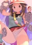  1girl arm_grab black_wristband blue_legwear blue_shirt breasts brown_eyes brown_hair closed_mouth commentary_request highres holding leaf_(pokemon) long_hair machamp medium_breasts miniskirt navel panties panty_pull poke_ball pokemon pokemon_(game) pokemon_frlg red_skirt restrained shirt shoes simple_background skirt sleeveless sleeveless_shirt solo_focus spring2013 sweatdrop tears underwear wavy_mouth white_headwear white_panties 