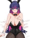 1girl abirdeer absurdres blue_eyes blush bow bowtie breasts cleavage fishnets highres huge_breasts leotard looking_at_viewer multicolored_hair panty_&amp;_stocking_with_garterbelt pink_hair purple_hair rabbit_tail stocking_(psg) tail thick_thighs thighhighs thighs wide_hips 