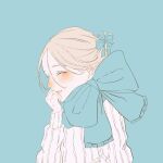  1girl blonde_hair blue_background blue_bow blue_scarf blush bow closed_eyes commentary facing_away hair_behind_ear hair_between_eyes hair_bow hair_ribbon hand_to_own_mouth head_tilt highres long_eyelashes long_hair multiple_hair_bows nose_blush nostrils original ribbed_sweater ribbon scarf scarf_bow see-through see-through_sleeves shim_46 short_twintails simple_background smile solo sweater swept_bangs teeth turtleneck turtleneck_sweater twintails upper_body upper_teeth_only 
