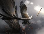  animal_focus arrow_(projectile) axelsauerwald beak bird check_animal cloud company_name copyright_notice crown day eagle feathered_wings flaming_arrow floating_crown flock flying foreshortening from_above lava magic:_the_gathering midair mini_crown official_art outdoors overcast painterly sky stone_pillar wings 