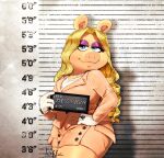  1girl barbie_mugshot_(meme) blonde_hair blue_eyes character_name english_text furry furry_female gloves hand_on_own_hip imtoffe jacket jewelry long_hair looking_at_viewer meme miss_piggy mugshot muppets necklace pig_girl pink_jacket pink_skirt ring shirt signature skirt solo white_gloves white_shirt 