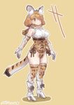  1girl animal_ears black_hair blonde_hair blush bow bowtie breasts elbow_gloves extra_ears gloves kemono_friends large_breasts leotard nyororiso_(muyaa) print_bow print_bowtie serval_(kemono_friends) serval_print shirt short_hair sleeveless sleeveless_shirt smile tail thighhighs 