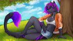  2022 anthro breasts canid canine clothed clothing day detailed_background digital_media_(artwork) female grass hair hybrid lycangel mammal outside plant purple_eyes purple_hair sky smile solo tree 