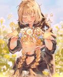  2girls aged_down black_choker black_robe blonde_hair blue_flower blue_sky blunt_bangs blush braid choker closed_eyes dungeon_meshi elf falin_thorden field flower flower_field green_eyes hashtag_only_commentary head_wreath highres kasumi007 low_twin_braids marcille_donato multiple_girls pointy_ears red_flower robe short_hair sky smile sweatdrop twin_braids twitter_username white_flower wide_sleeves yellow_flower 