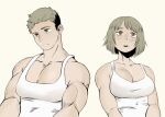  1boy 1girl bare_shoulders black_hair blush bob_cut breasts brother_and_sister brown_eyes closed_mouth collarbone commentary dungeon_meshi english_commentary falin_thorden frown grey_background grey_hair kinja laios_thorden large_breasts looking_ahead manboobs multicolored_hair muscular muscular_male open_mouth pectoral_cleavage pectorals photo-referenced shirt short_hair siblings simple_background sleeveless tank_top tight_clothes tight_shirt toned two-tone_hair unusually_open_eyes upper_body white_tank_top 