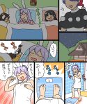  animal_ears black_hair blue_hair brown_hair doremy_sweet dress feet hat hime_cut houraisan_kaguya inaba_tewi koyama_shigeru long_hair multicolored_clothes multicolored_dress naked_towel night night_sky nightcap pajamas pink_pajamas pom_pom_(clothes) purple_hair rabbit_ears reisen_udongein_inaba short_hair sky sleeping touhou towel translation_request weighing_scale yellow_pajamas younger 