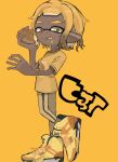  1boy blonde_hair commentary_request dark-skinned_male dark_skin eating food full_body high_tops highres inkling_(language) inkling_boy inkling_player_character male_focus pants pointy_ears print_shirt shirayuz1 shirt shoes short_hair simple_background sneakers solo splatoon_(series) splatoon_3 standing standing_on_one_leg tentacle_hair thick_eyebrows tongue tongue_out yellow_background yellow_eyes yellow_footwear yellow_pants yellow_shirt 