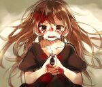  1girl black_dress blood blood_in_hair blood_on_face blood_on_hands brown_eyes brown_hair crying crying_with_eyes_open dress holding holding_knife knife mashiro_hiro simple_background solo tears 