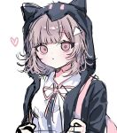  1girl alternate_hair_ornament breasts brown_hair collared_shirt danganronpa_(series) danganronpa_2:_goodbye_despair dress_shirt flipped_hair hair_ornament highres jacket long_sleeves looking_at_viewer medium_hair nanami_chiaki neck_ribbon open_clothes open_jacket pink_eyes ribbon ringo_ame_no_ria shirt solo triangle_hair_ornament white_shirt 