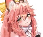  1girl aa2mee animal_ear_fluff animal_ears bare_shoulders bow braid breasts fate/samurai_remnant fate_(series) fox_ears fox_girl hair_between_eyes hair_bow highres long_hair looking_at_viewer off_shoulder pink_hair sidelocks small_breasts smile solo tamamo_(fate) tamamo_aria_(fate) tears twintails yellow_bow yellow_eyes 