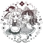  2girls ^_^ apron basket blush boots bow braid buttons checkerboard_cookie closed_eyes closed_mouth cookie flower food full_body hair_bow hair_tubes hakurei_reimu halftone hat hat_bow highres holding holding_basket kirisame_marisa long_hair looking_at_viewer monochrome mozukuzu_(manukedori) multiple_girls open_mouth shoes side_braid single_braid skirt smile socks standing thumbprint_cookie touhou vest waist_apron white_background wide_sleeves witch witch_hat 