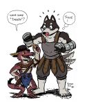  2boys afterimage arm_guards arm_up armor baldur&#039;s_gate baldur&#039;s_gate_3 belt chest_guard commentary crossover dog dragon drooling dungeon_meshi dungeons_and_dragons english_commentary english_text food full_body furry furry_male gauntlets giving grey_shorts hand_on_own_hip hands_up hat height_difference highres holding holding_food hungry jewelry kuro_(dungeon_meshi) leather_armor licking_lips looking_at_another looking_down male_focus multiple_boys necklace open_mouth pet_food popper_(baldur&#039;s_gate_3) saran_kit sharp_teeth shorts simple_background species_connection speech_bubble standing tail tail_wagging teeth thought_bubble tongue tongue_out topless_male white_background 