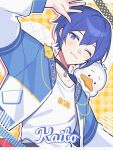  1boy ahiru_no_pekkle arm_up beak black_choker blue_eyes blue_hair blue_jacket blue_nails character_name checkered_background choker highres jacket kaito_(vocaloid) light_smile long_sleeves looking_at_viewer on_shoulder one_eye_closed project_sekai sanrio shirt short_hair t-shirt upper_body vocaloid waka_(wk4444) white_shirt yellow_background 