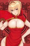  1girl ahoge alternate_costume blonde_hair breasts china_dress chinese_clothes cleavage cleavage_cutout clothing_cutout cocq_taichou dress fate/extra fate_(series) folding_fan gold_trim green_eyes hair_ribbon hand_fan hand_on_own_hip highres holding holding_fan large_breasts looking_at_viewer nero_claudius_(fate) nero_claudius_(fate/extra) open_mouth red_background red_dress red_ribbon ribbon short_hair solo 