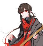 1boy baggy_clothes black_hair black_jacket fate/grand_order fate_(series) gradient_hair guitar headphones headphones_around_neck highres holding holding_guitar holding_instrument holding_plectrum instrument jacket long_hair looking_at_viewer low_ponytail multicolored_hair oda_nobukatsu_(fate) oversized_clothes plectrum red_eyes red_hair red_shirt shirt sidelocks simple_background solo white_background yui_(tamagohan) 