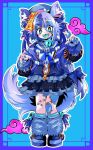  1girl ahoge animal_ear_fluff animal_ears bakunyuu_gorilla bandaid bandaid_on_clothes bell belt black_skirt blue_background blue_choker blue_footwear blue_hair blue_headwear blue_jacket blue_neckerchief blue_ribbon blue_skirt blue_theme blue_tongue blunt_bangs braid choker claw_pose colored_tongue dot_nose full_body fur_socks green_eyes hair_bell hair_ornament highres jacket knees_together_feet_apart layered_skirt light_blush long_hair long_sleeves looking_down multicolored_hair multiple_hairpins nail_polish navel neck_bell neckerchief open_clothes open_jacket original pink_clouds ribbon ribbon_hair safety_pin_piercing school_uniform serafuku shirt short_hair sidelocks single_braid skirt solo standing streaked_hair tail twintails very_long_hair white_shirt zipper zombie 