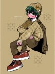  1boy absurdres all_might alternate_costume alternate_skin_color anna_(aannnaa3) arm_on_knee arm_rest bakugou_katsuki beanie boku_no_hero_academia brown_pants casual character_name character_sticker closed_mouth collared_shirt colored_skin commentary cross-laced_footwear eyebrows_hidden_by_hair fingernails freckles from_side full_body green_eyes green_hair hair_between_eyes hands_up hat highres invisible_chair jacket jacket_on_shoulders knee_up light_brown_background long_sleeves looking_at_viewer looking_to_the_side male_focus midoriya_izuku outstretched_arm pants pink_nails pink_skin plaid plaid_sweater polka_dot red_footwear shirt shoes short_hair sitting smile sneakers solo split_mouth sticker sweater white_shirt wing_collar 