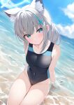  1girl absurdres animal_ear_fluff animal_ears bare_arms bare_legs bare_shoulders beach black_one-piece_swimsuit blue_archive blue_eyes blue_halo blush breasts closed_mouth competition_swimsuit covered_navel cross_hair_ornament day extra_ears grey_hair groin hair_ornament halo highres looking_at_viewer medium_breasts medium_hair mismatched_pupils ocean official_alternate_costume one-piece_swimsuit outdoors rei_(ilust9999) shiroko_(blue_archive) shiroko_(swimsuit)_(blue_archive) sitting solo swimsuit wolf_ears 