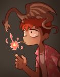  1boy breathing_fire cigarette creature_on_head dragon earrings fire grey_background hawaiian_shirt highres jewelry male_focus open_clothes open_shirt original pink_shirt red_hair shirt short_hair short_sleeves simple_background smoking takurada undercut undershirt white_shirt 