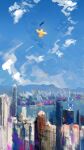  absurdres advarcher bird blue_sky cityscape cloud day dokibird_(vtuber) faux_traditional_media feathers highres indie_virtual_youtuber nijisanji nijisanji_en no_humans scenery selen_tatsuki sky 