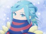  1boy aqua_eyes aqua_hair blue_scarf commentary_request eyelashes grey_background grusha_(pokemon) highres jacket male_focus min_(myna8247) pokemon pokemon_sv portrait scarf scarf_over_mouth snowflakes solo striped_clothes striped_scarf yellow_jacket 