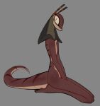 anthro brown_body brown_scales featureless_chest female flat_chested hi_res kneeling lenyavok looking_at_viewer nude reptile scales scalie side_view simple_background skinny snake snake_hood solo
