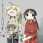  2girls ahoge black_hair blonde_hair chito_(shoujo_shuumatsu_ryokou) closed_eyes fish gargling grey_background highres multiple_girls open_mouth ponytail shirt shoujo_shuumatsu_ryokou tsukumizu_yuu twintails washing_hands yuuri_(shoujo_shuumatsu_ryokou) 