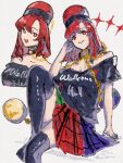  1girl aojirozame1228 bare_shoulders black_eyeliner black_shirt breasts chain clothes_writing collarbone earth_(ornament) eyelashes eyeliner gold_chain hand_rest hat hecatia_lapislazuli hecatia_lapislazuli_(earth) hecatia_lapislazuli_(moon) highres legacy_of_lunatic_kingdom long_hair makeup moon_(ornament) multicolored_clothes multicolored_skirt off-shoulder_shirt off_shoulder pleated_skirt red_eyes red_hair shirt simple_background sitting skirt smile solo t-shirt thighhighs thighs touhou underworld_(ornament) white_background 