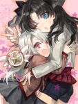  2girls :d ;d bad_drawr_id bad_id black_hair black_shorts black_thighhighs blue_eyes brown_shirt cowboy_shot drop_shadow fate/kaleid_liner_prisma_illya fate/stay_night fate_(series) grey_jacket grey_skirt hand_up hug illyasviel_von_einzbern in-franchise_crossover jacket long_hair long_sleeves looking_at_viewer multiple_girls nishihara_isao oekaki one_eye_closed open_mouth pink_background red_eyes red_skirt shirt shorts skirt smile standing star_(symbol) star_wand thighhighs tohsaka_rin v wand white_hair yuri 