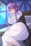  1girl absurdres bed bed_sheet black_cloak blunt_bangs blush breasts cloak commentary_request dress fern_(sousou_no_frieren) hair_ornament highres indoors large_breasts lingshalan long_hair looking_at_viewer lying night on_bed on_side open_mouth pillow purple_eyes purple_hair sidelocks solo sousou_no_frieren star_(sky) teeth upper_teeth_only white_dress window 