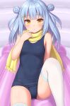  aqua_hair bare_arms blush breasts cowboy_shot dango_(sasaame) dot_mouth double_bun hair_bun hair_ornament hairclip highres inflatable_raft looking_at_viewer old_school_swimsuit one-piece_swimsuit original sasaame scarf school_swimsuit sitting small_breasts swimsuit thighhighs white_thighhighs yellow_eyes yellow_scarf 