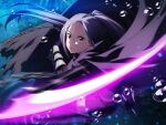 1girl artist_request black_cloak chain cloak holding holding_weapon looking_at_viewer mito_(sao) non-web_source official_art open_mouth purple_hair solo sword_art_online sword_art_online:_unelashed_blading water_drop weapon 