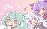  &gt;:) 3girls :3 :d ahoge assault_lily black_ribbon blunt_bangs blush bow bowtie chibi closed_mouth commentary_request gradient_background green_bow green_bowtie green_eyes green_hair grey_hair hair_between_eyes hair_bow hair_ribbon hand_on_own_chin hand_up heart herensuge_girls_academy_school_uniform high_ponytail highres honkawa_works jacket long_sleeves looking_at_viewer matsumura_fuuka miriam_hildegard_von_gropius multicolored_background multiple_girls neck_ribbon official_alternate_costume official_alternate_hairstyle open_mouth orange_background pink_background pink_eyes pink_ribbon ponytail purple_hair red_bow red_bowtie ribbon school_uniform shirt smile smirk standing striped_bow toki_kureha twintails v-shaped_eyebrows white_background white_jacket white_shirt yurigaoka_girls_academy_school_uniform 