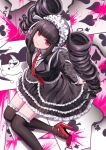  1girl bangs black_dress black_hair card celestia_ludenberg collared_shirt danganronpa:_trigger_happy_havoc danganronpa_(series) deadnooodles dress drill_hair frilled_legwear from_above hairband head_tilt highres lolita_hairband long_hair looking_at_viewer monokuma necktie playing_card red_eyes red_footwear red_necktie shirt sitting smile solo thighhighs twin_drills very_long_hair white_shirt 