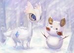  :3 absurdres amaura animal_focus blue_eyes blue_gemstone blurry blurry_background commentary day forest full_body gem grass highres leaf nature no_humans open_mouth outdoors pikachu pokemon pokemon_(creature) snow snowing snowman solo standing stick tensaitou_tou tree winter 