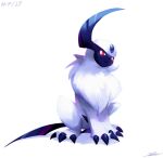  absol bright_pupils claws full_body likey no_humans pokemon pokemon_(creature) red_eyes signature sitting solo white_background white_fur white_pupils 