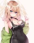  1girl bare_shoulders black_bodysuit black_choker blue_eyes blush bodysuit breasts brown_background brown_hair choker cleavage closed_mouth collarbone commentary_request eunie_(xenoblade) feathered_wings green_jacket hair_between_eyes hand_up head_wings highres jacket large_breasts long_hair long_sleeves looking_at_viewer nanase_nao off_shoulder open_clothes open_jacket puffy_long_sleeves puffy_sleeves simple_background smile solo white_wings wings xenoblade_chronicles_(series) xenoblade_chronicles_3 