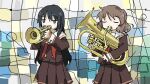  2girls black_hair blank_eyes blue_eyes bow bowtie brown_hair hibike!_euphonium highres instrument kitauji_high_school_uniform kousaka_reina long_hair multiple_girls oumae_kumiko school_uniform short_hair trumpet tsukumizu_yuu tuba 