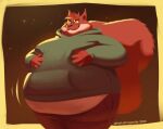 2024 anthro belly belly_jiggle big_belly buckteeth chubby_cheeks clothed clothing eyewear fattydragonite fur glasses hand_on_stomach hi_res hoodie jiggling male mammal obese obese_anthro obese_male overweight overweight_anthro overweight_male rodent sciurid smile solo squirrel_tail standing teeth topwear tree_squirrel