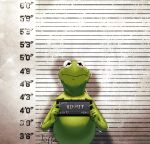  1boy barbie_mugshot_(meme) character_name english_text frog_boy furry furry_male imtoffe kermit_the_frog looking_at_viewer meme mugshot muppets signature solo 